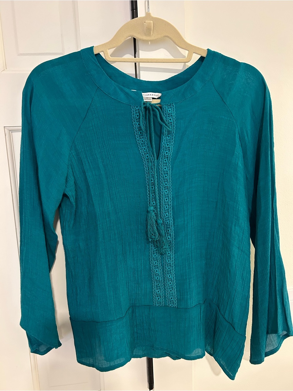 Women’s Teal Tie-Neck Peasant Top
